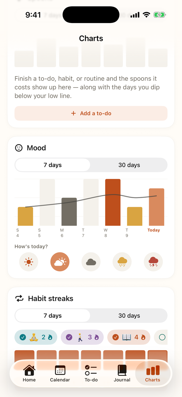 Charts — weekly progress, spoons, and mood trends